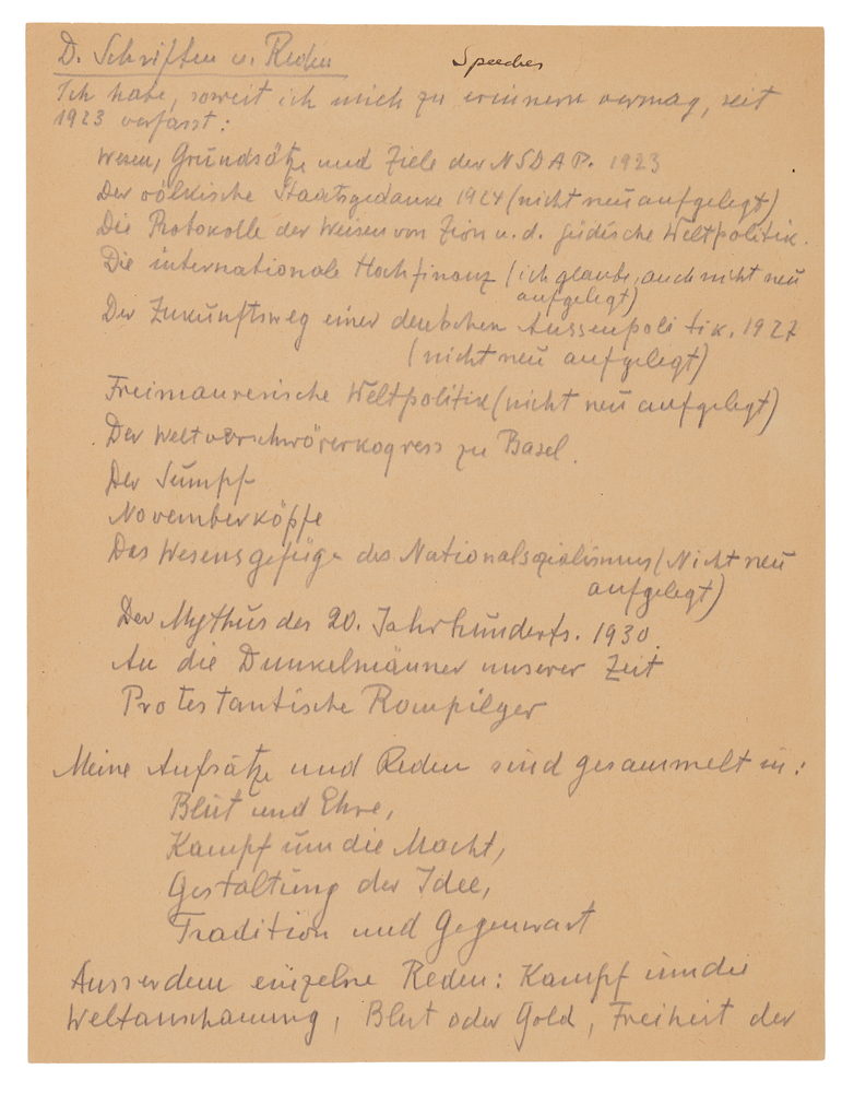 Lot 7134 Alfred Rosenberg Autograph Document Signed at Nuremberg, Listing the Books that Built Nazi Ideology