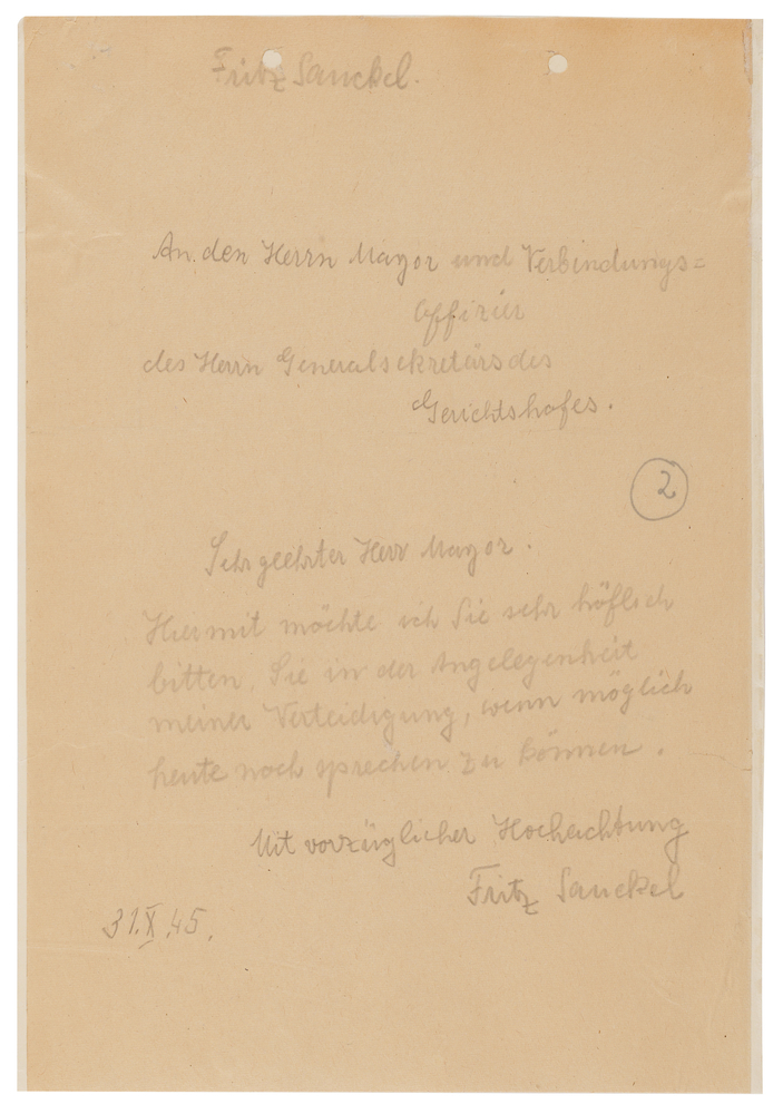 Lot 7160 Fritz Sauckel Autograph Letter Signed at Nuremberg, Pleading for a Meeting to Save Himself