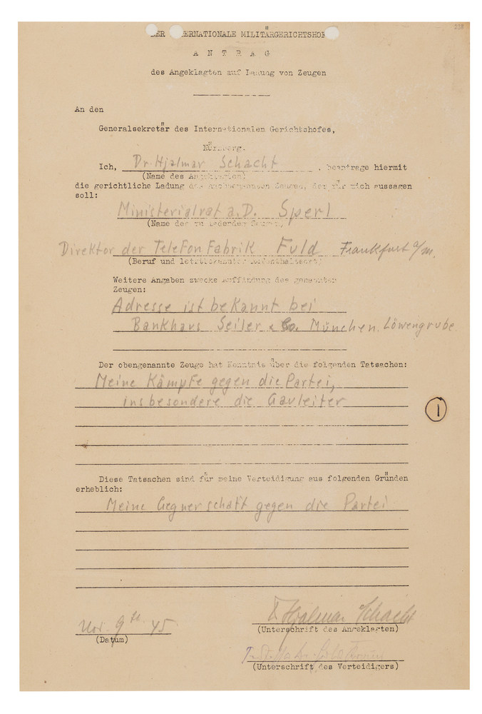 Lot 7207 Hjalmar Schacht Document Signed at Nuremberg, Calling a Banker Who Testified to His 