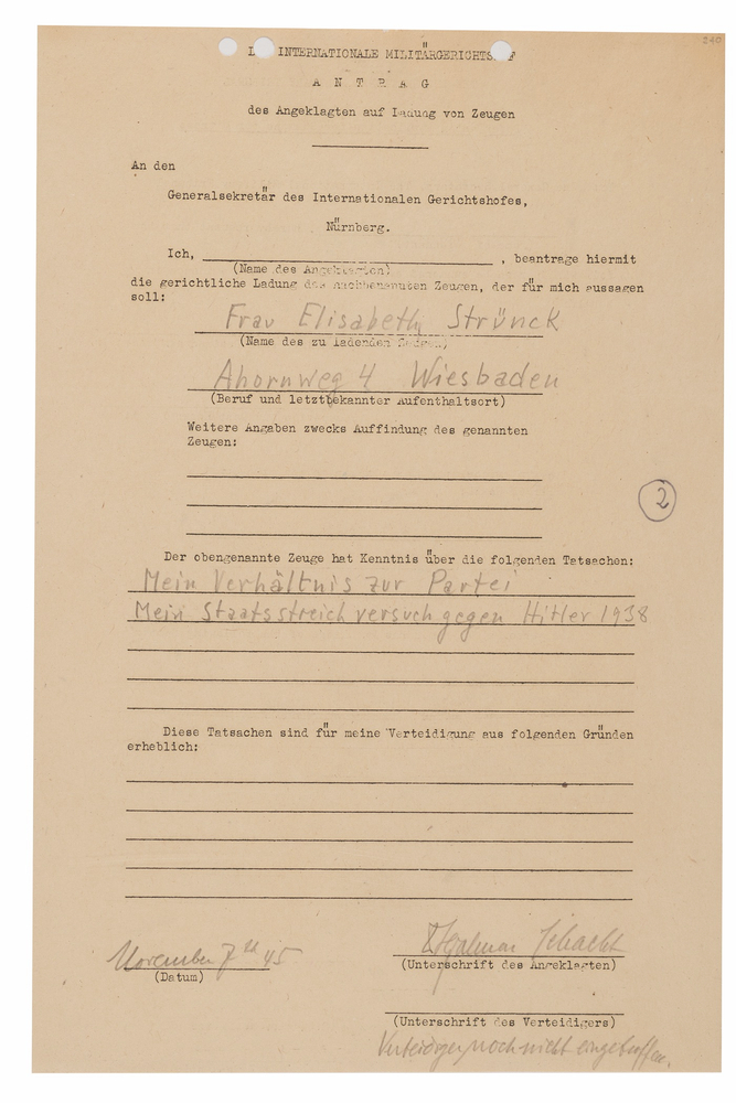 Lot 7209 Hjalmar Schacht Document Signed at Nuremberg, Calling for Testimony from for Elisabeth Strünck, Widow of an Executed Anti-Hitler Conspirator