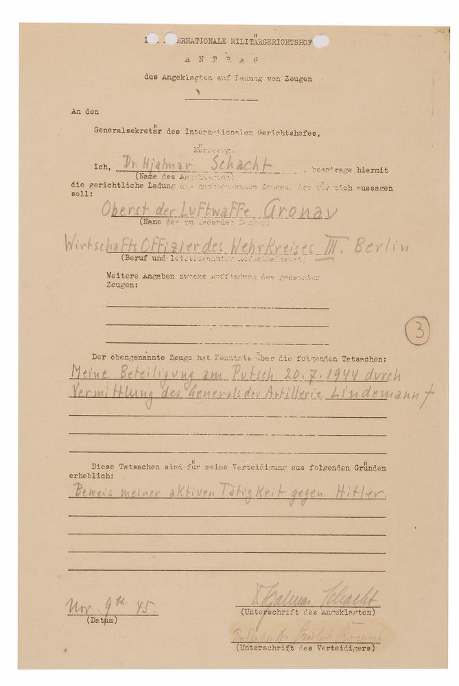 Lot 7210 Hjalmar Schacht Document Signed at Nuremberg, Attesting to 