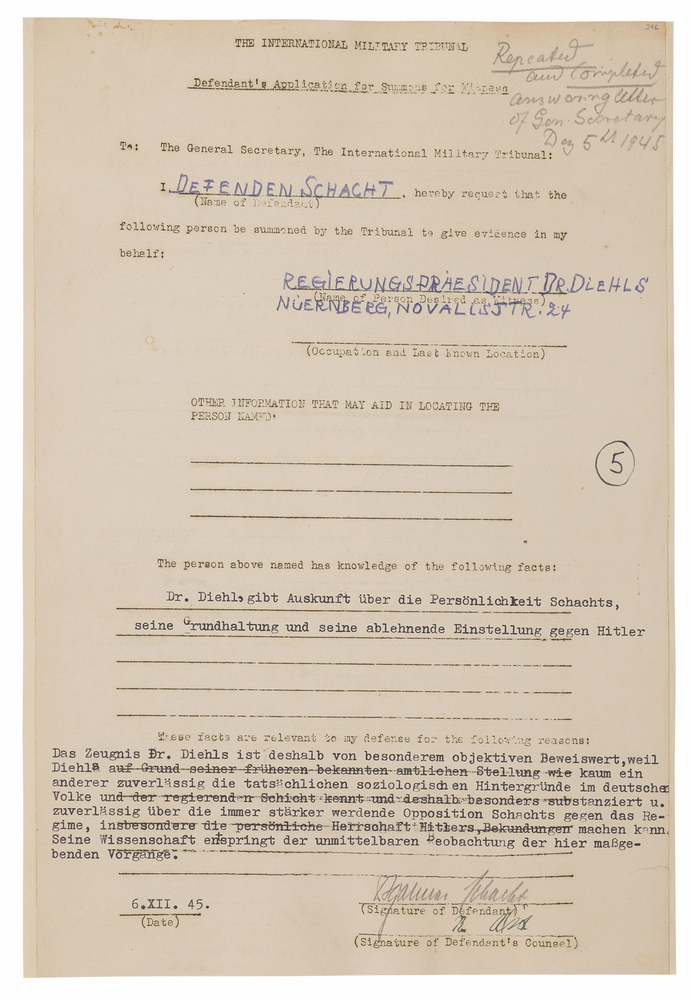 Lot 7206 Hjalmar Schacht Document Signed at Nuremberg, Calling the Gestapo Founder to Testify to His 