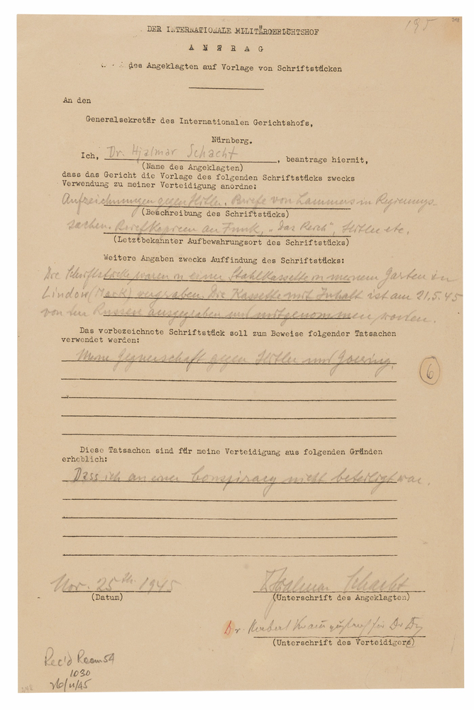 Lot 7211 Hjalmar Schacht Document Signed at Nuremberg, Calling for Buried Evidence of His 