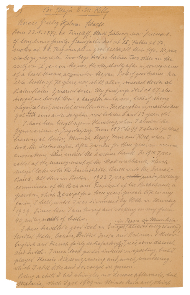 Lot 7205 Hjalmar Schacht Autograph Manuscript Signed at Nuremberg, His Autobiographical Statement for Psychiatrist Douglas Kelley