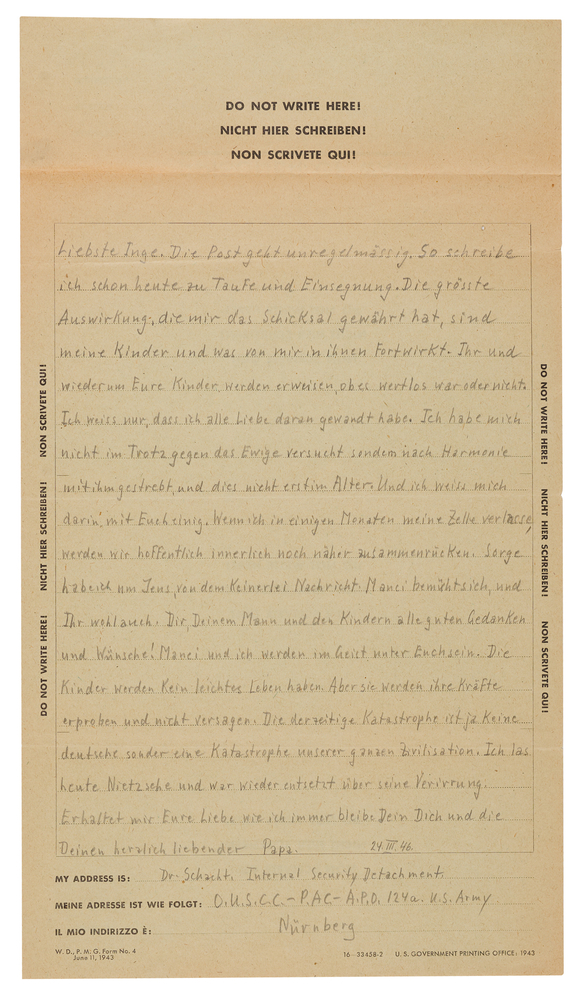 Lot 7212 Hjalmar Schacht Autograph Letter Signed from Nuremberg Prison: 
