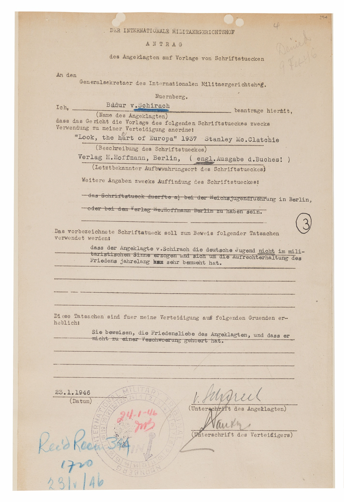 Lot 7195 Baldur von Schirach Document Signed at Nuremberg, Requesting 'Look, the Heart of Europe' as Proof of His “Effort of Trying to Preserve Peace”