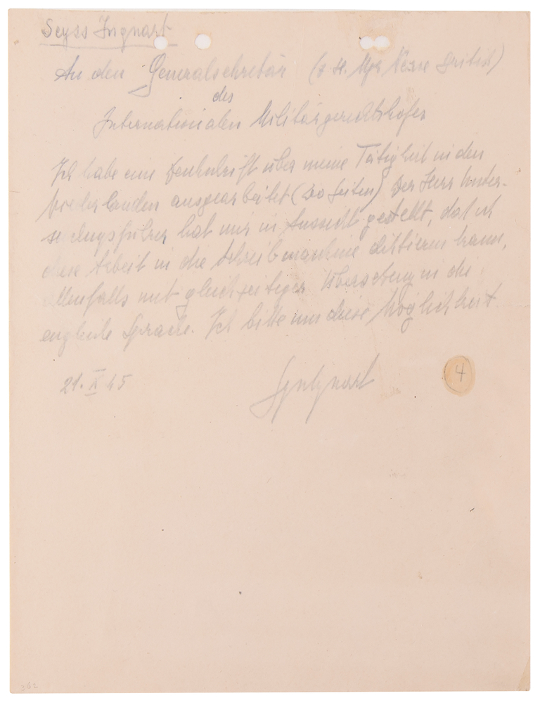 Lot 7178 Arthur Seyss-Inquart (2) Autograph Letters Signed at Nuremberg, Working Within the IMT's Bureaucracy to Mount His Defense