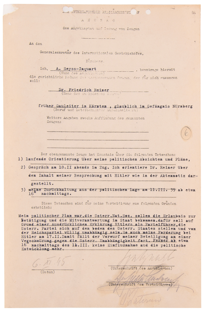 Lot 7171 Arthur Seyss-Inquart Document Signed at Nuremberg, Seeking Testimony from Friedrich Rainer on the 1938 Anschluss