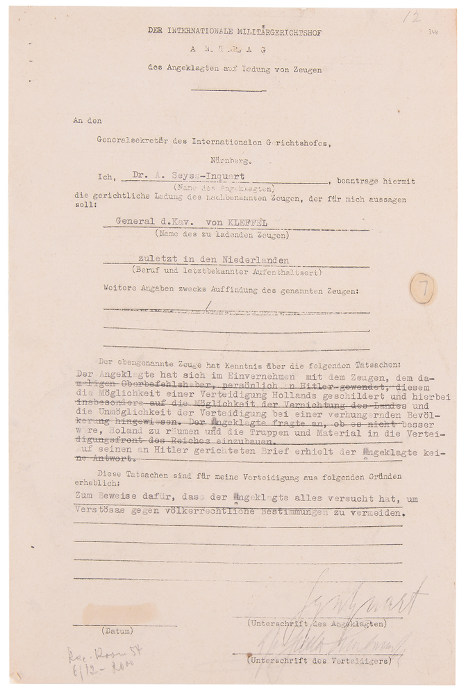 Lot 7175 Arthur Seyss-Inquart Document Signed at Nuremberg, Claiming He Begged Hitler to Spare Holland from Starvation