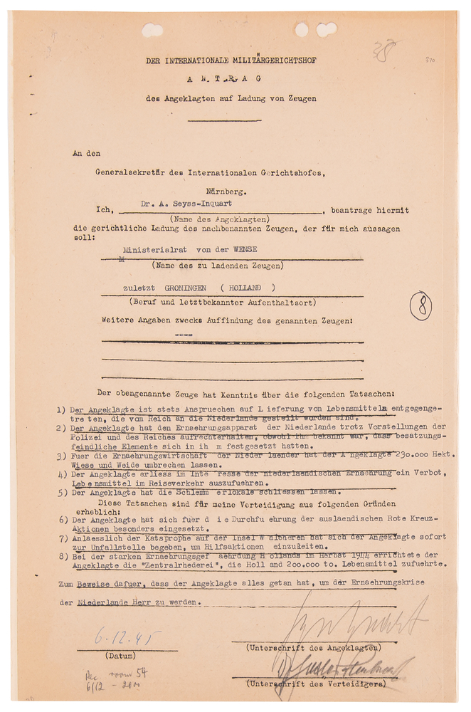 Lot 7174 Arthur Seyss-Inquart Document Signed at Nuremberg, Claiming He 