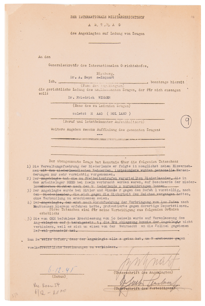 Lot 7173 Arthur Seyss-Inquart Document Signed at Nuremberg on the Shooting of Dutch Resistors: 