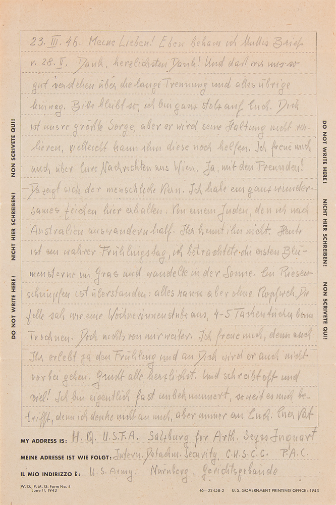 Lot 7180 Arthur Seyss-Inquart Autograph Letter Signed from Nuremberg Prison to His Children, Referencing Aid to a Jewish Emigrant