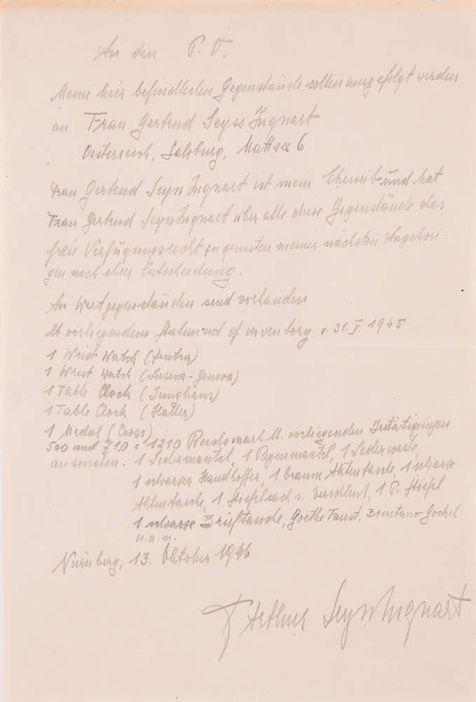 Lot 7181 Arthur Seyss-Inquart Autograph Manuscript Signed at Nuremberg - His Last Will and Testament