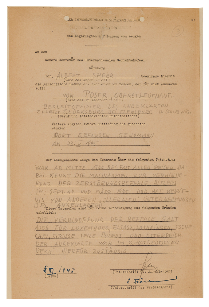 Lot 7223 Albert Speer Document Signed at Nuremberg, Summoning a Witness to Prove He Blocked Hitler's 'Scorched Earth' Decree