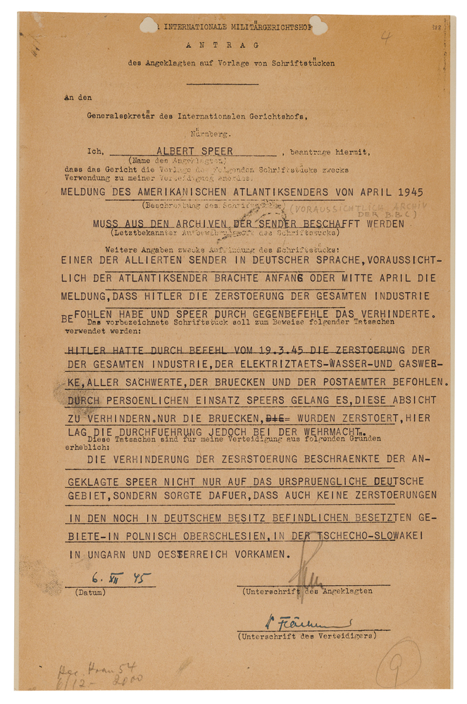Lot 7221 Albert Speer Document Signed at Nuremberg, Seeking Proof that 