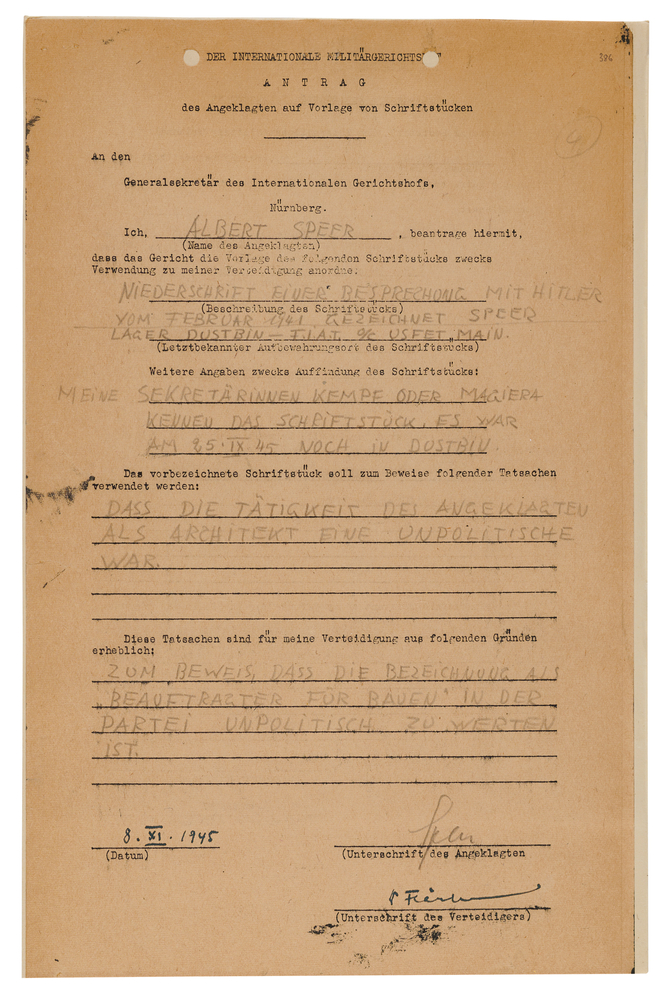 Lot 7224 Albert Speer Document Signed at Nuremberg, Seeking an Allied Radio Broadcast as Proof He Defied Hitler's Orders to Destroy Germany
