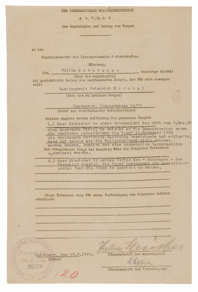 Lot 7152 Julius Streicher Document Signed at Nuremberg, Denying Responsibility for Kristallnacht