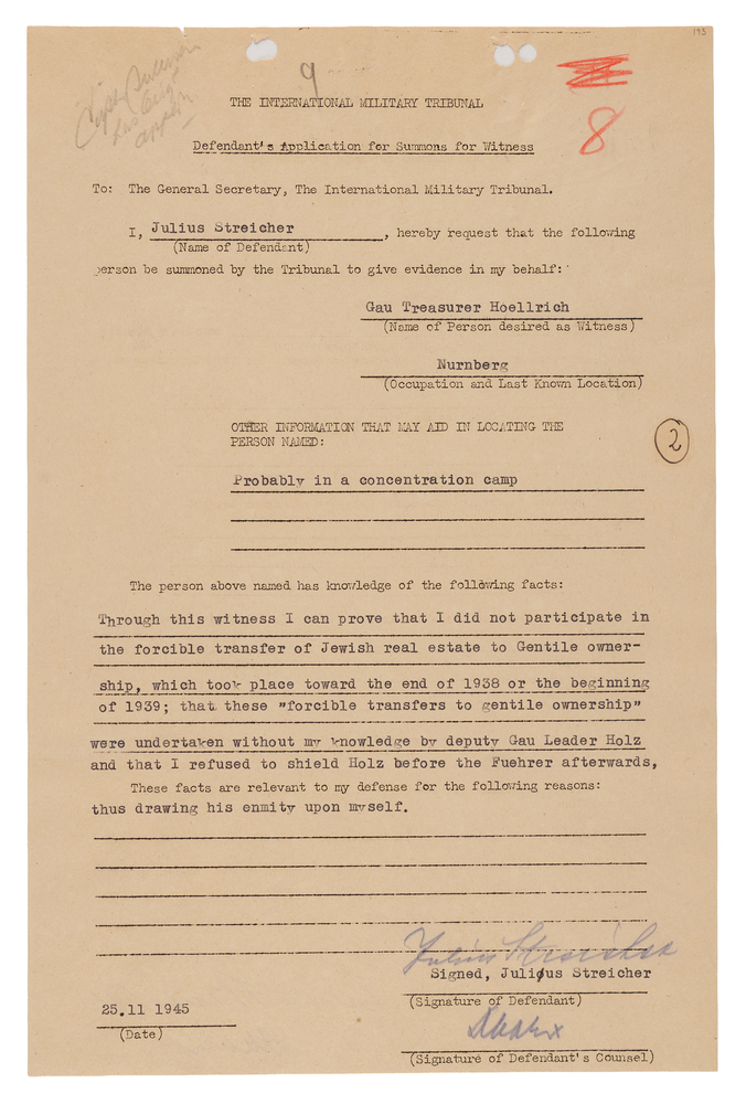 Lot 7153 Julius Streicher Document Signed, Denying Participation in the Theft of Jewish Real Estate