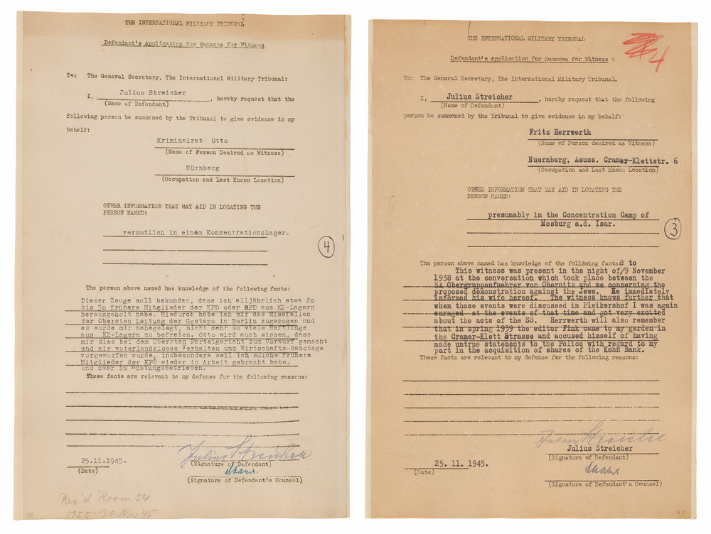 Lot 7150 Julius Streicher (2) Documents Signed at Nuremberg, Seeking Testimony on Kristallnacht and Concentration Camp Prisoners