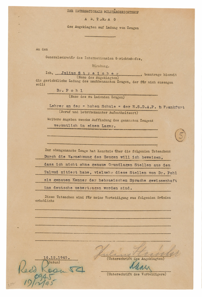 Lot 7147 Julius Streicher Document Signed at Nuremberg, Defending His Antisemitic Propaganda as Fact