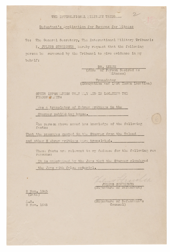 Lot 7148 Julius Streicher Document Signed at Nuremberg, Seeking a Hebrew Translator to Defend Der Stürmer Talmud Quotations
