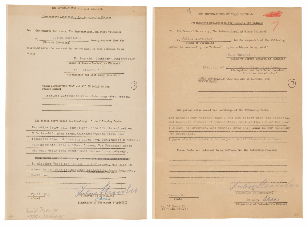 Lot 7155 Julius Streicher (2) Documents Signed at Nuremberg, Claiming Humane Treatment of French POWs and Denying Business Interest in Der Sturmer