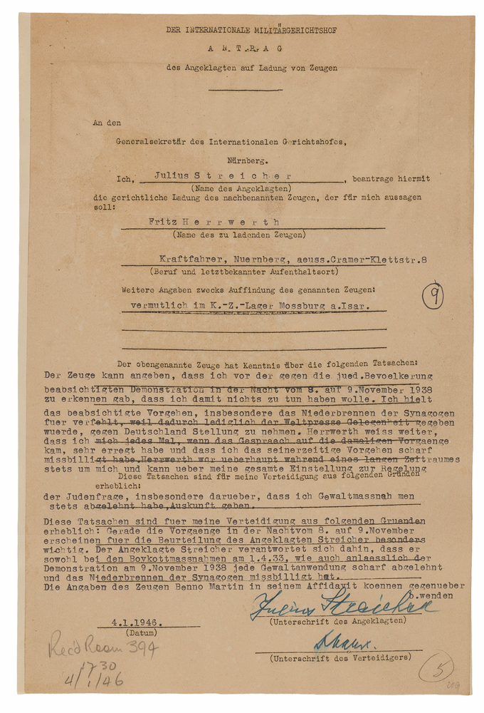 Lot 7151 Julius Streicher Document Signed at Nuremberg, Denying Support for Kristallnacht: 