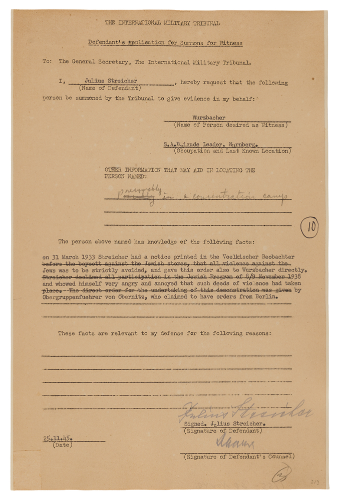 Lot 7149 Julius Streicher (2) Documents Signed at Nuremberg, Pleading Innocence in Kristallnacht: 