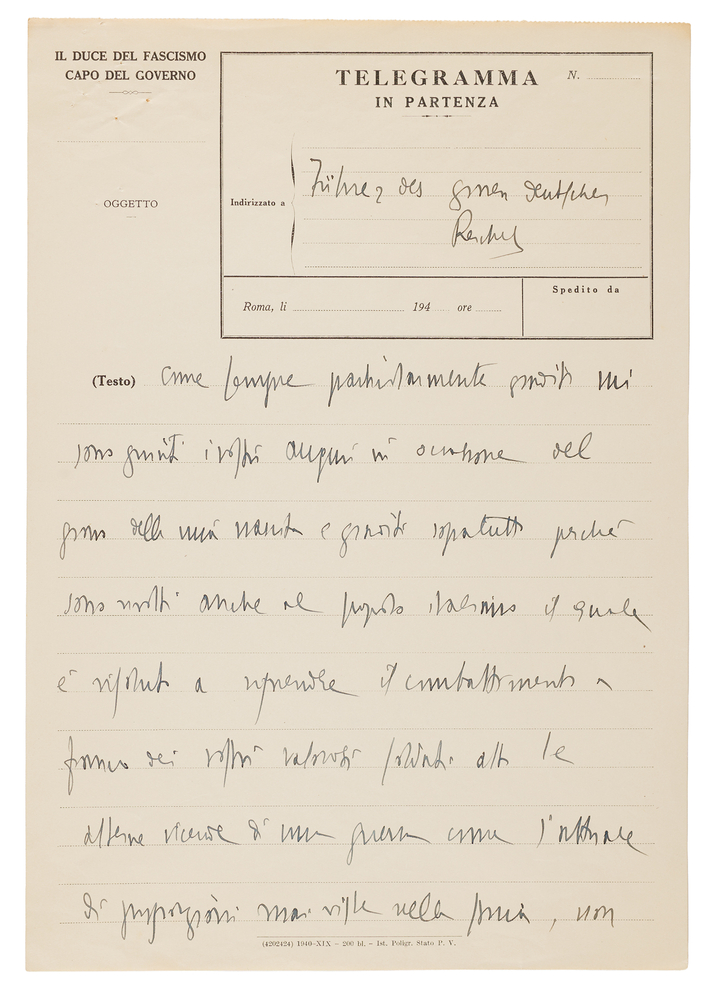 Lot 7034 Benito Mussolini Autograph Telegram Draft to Adolf Hitler, Following the Failed 20 July Assassination Attempt: 