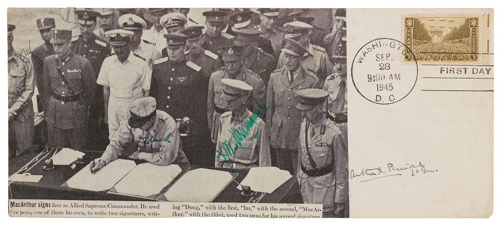 Lot 7103 Japanese Surrender: Nimitz, MacArthur, Wainwright, and Percival Signed First Day Cover