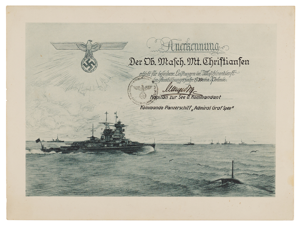 Lot 7006 Hans Langsdorff Signed Admiral Graf Spee Commendation Certificate (1939)