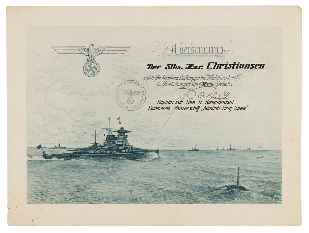Lot 7007 Conrad Patzig Signed Admiral Graf Spee Commendation Certificate (1939)