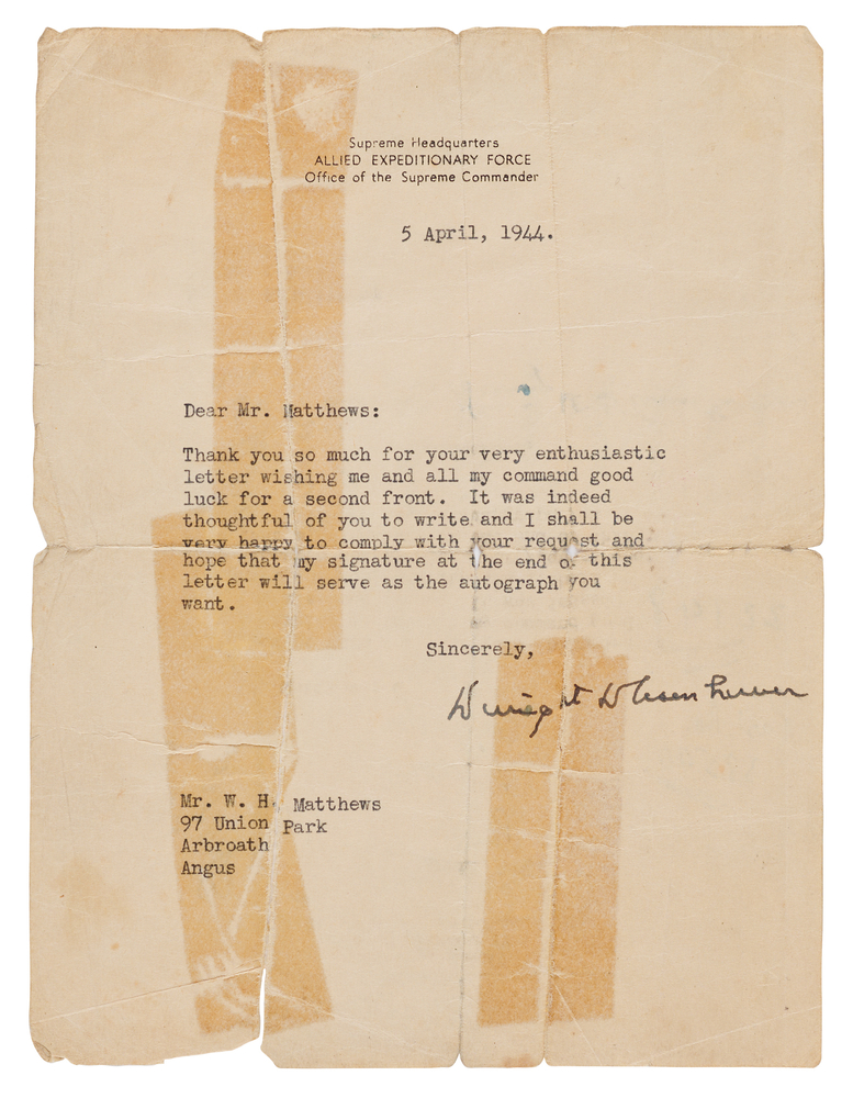Lot 7036 Dwight D. Eisenhower World War II–Dated Typed Letter Signed on the Coming “Second Front”