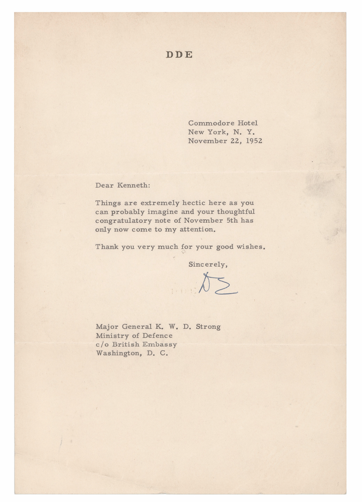 Lot 7059 Dwight D. Eisenhower Typed Letter Signed on His Election Victory, Sent to His Former SHAEF Intelligence Chief