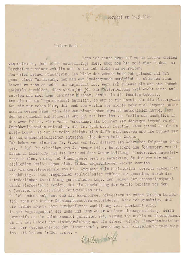 Lot 7239 Angela Hitler Typed Letter Signed from the Berghof, Interceding with Nazi Interior Minister Wilhelm Frick on Behalf of Catholic Nursing Sisters