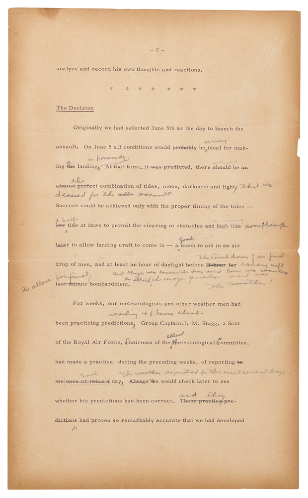 Lot 7041 Dwight D. Eisenhower Hand-Corrected Typed Manuscript on D-Day