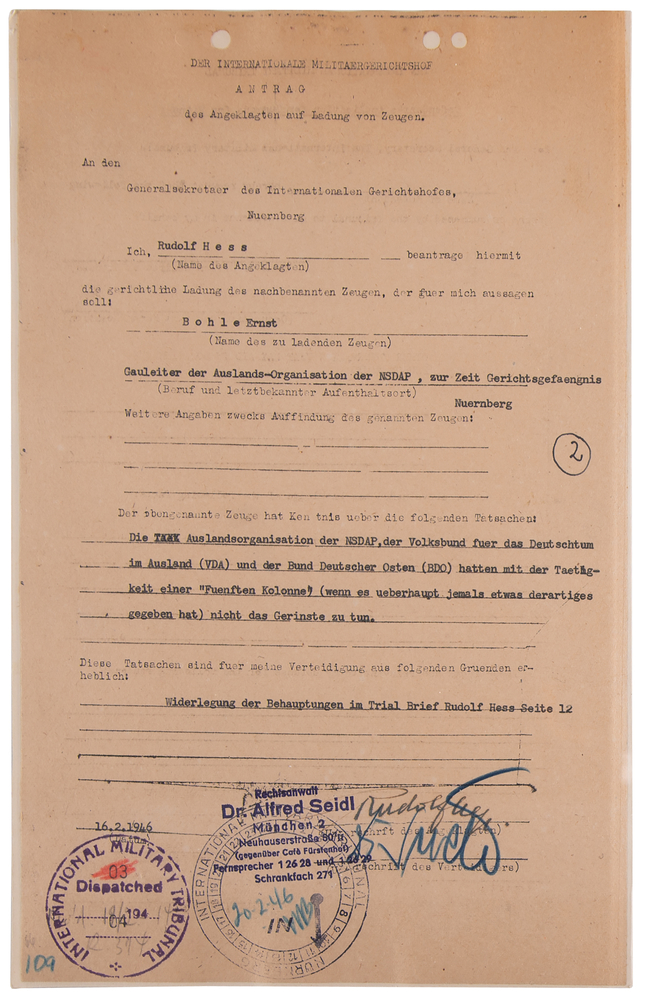 Lot 7117 Rudolf Hess Document Signed at Nuremberg, Challenging the Prosecution's 'Fifth Column' Charge