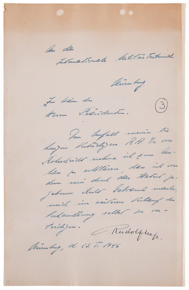 Lot 7118 Rudolf Hess Letter Signed at Nuremberg, Demanding to Represent Himself at Trial