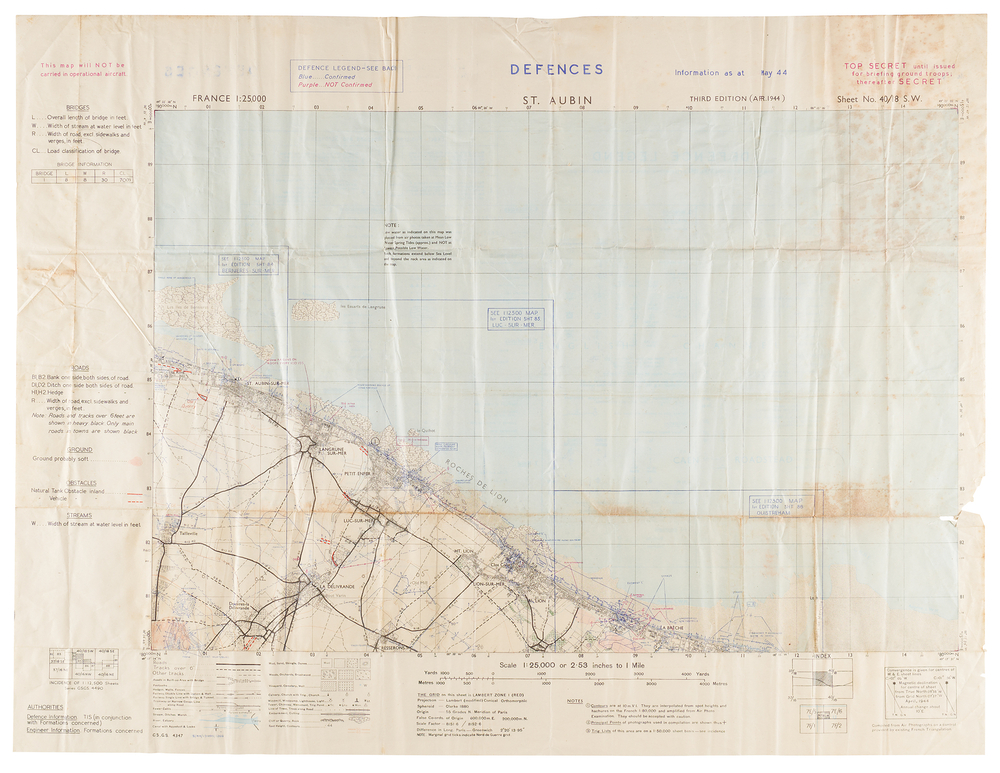 Lot 7037 D-Day British 'Top Secret' St. Aubin Defense Map (1944) - Juno and Sword Beach Areas, 28˝ x 21.5˝