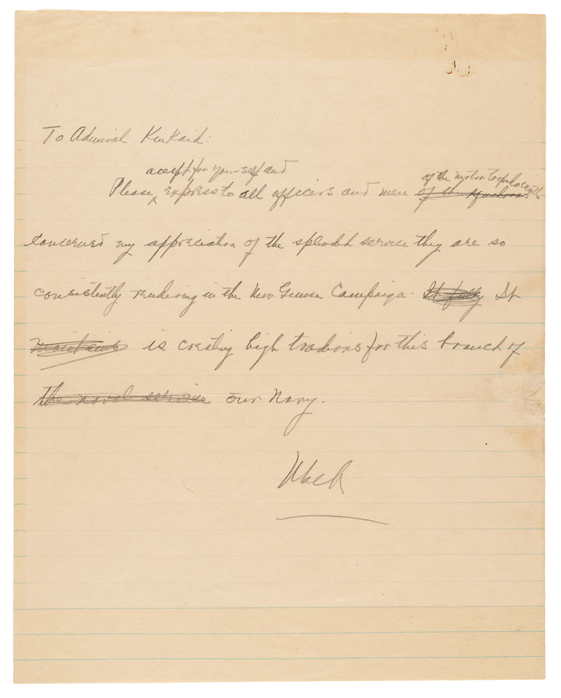 Lot 7075 Douglas MacArthur War-Dated Autograph Letter Signed to Admiral Kinkaid, Praising PT Boat Crews in the New Guinea Campaign