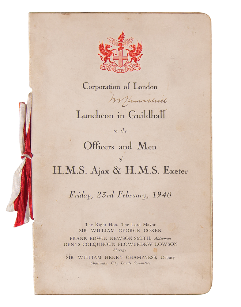 Lot 7004 Winston Churchill Signed ‘Guildhall Luncheon’ Menu, Honoring HMS Ajax and HMS Exeter for Their Victory Over the Graf Spee (1940)