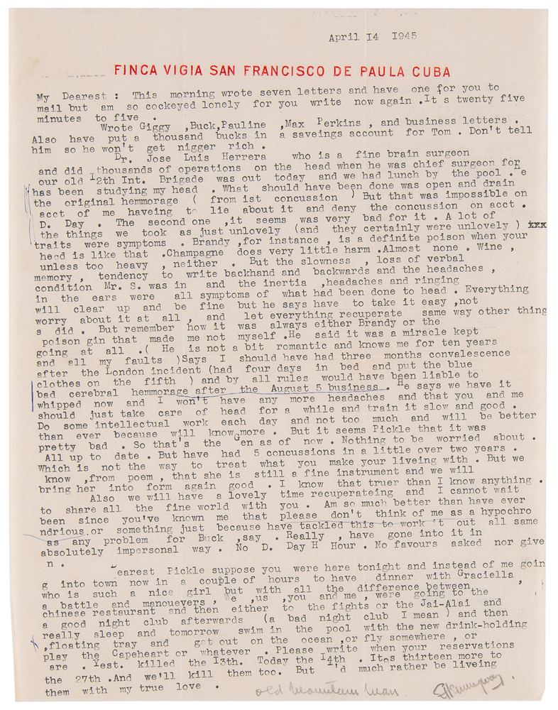 Lot 7243 Ernest Hemingway War-Dated Typed Letter Signed to His Future Wife Mary Welsh, Discussing Five Concussions and Concealing His Injury Before D-Day