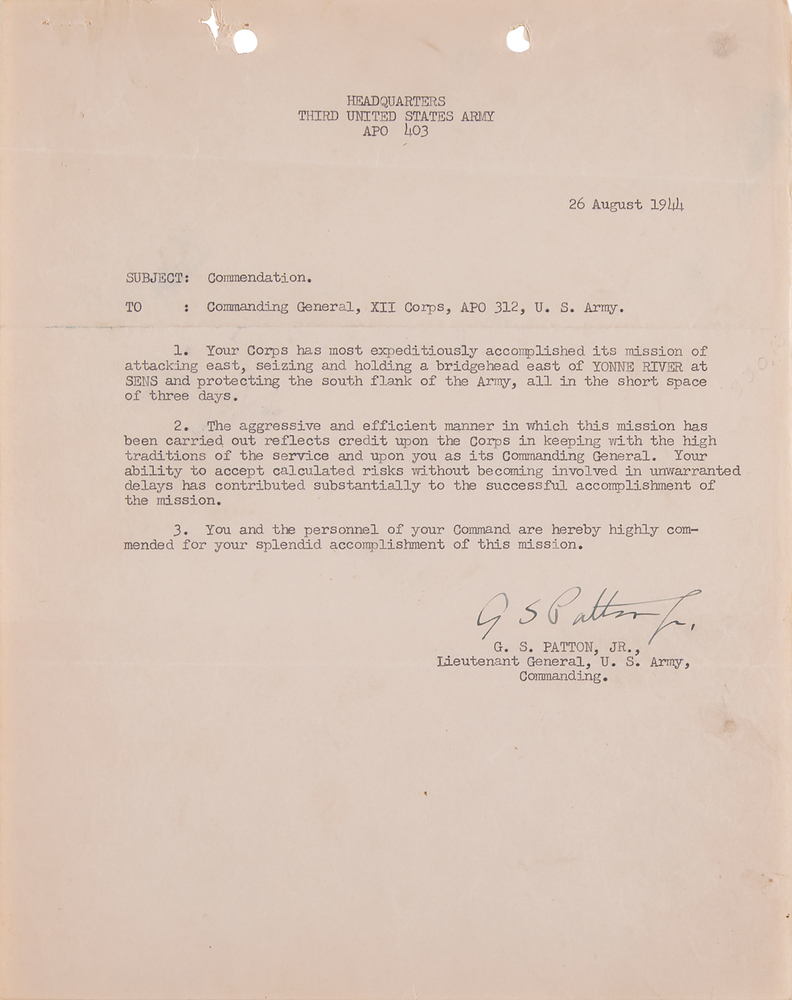 Lot 7047 George S. Patton War-Dated Typed Letter Signed to XII Corps Commander Manton Eddy, Praising His Calculated Risks in the Advance Across France