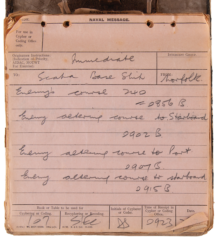 Lot 7021 German Battleship Bismarck: Original File of 258 Decrypted Secret Naval Messages (1941), Chronicling Its Pursuit and Sinking<br/>