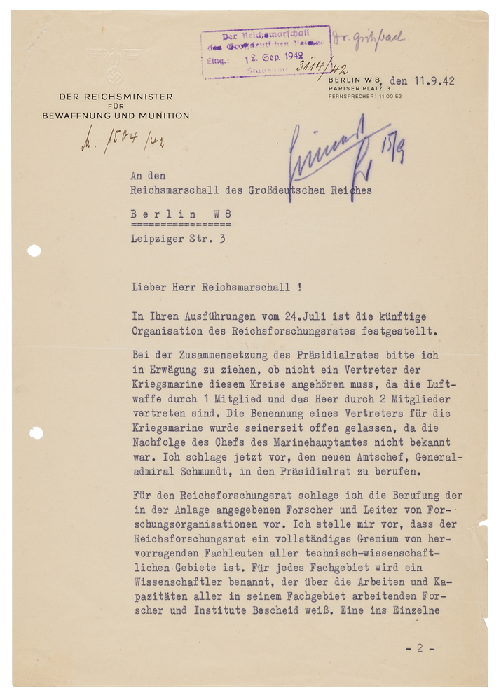 Lot 7019 Albert Speer Typed Letter Signed to Hermann Göring, Proposing the Organization of the Reich Research Council (1942)