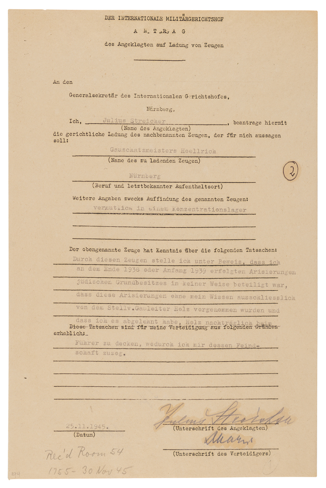 Lot 7154 Julius Streicher Document Signed at Nuremberg (1945), Seeking a Witness to Deny Involvement in the Seizure of Jewish Property