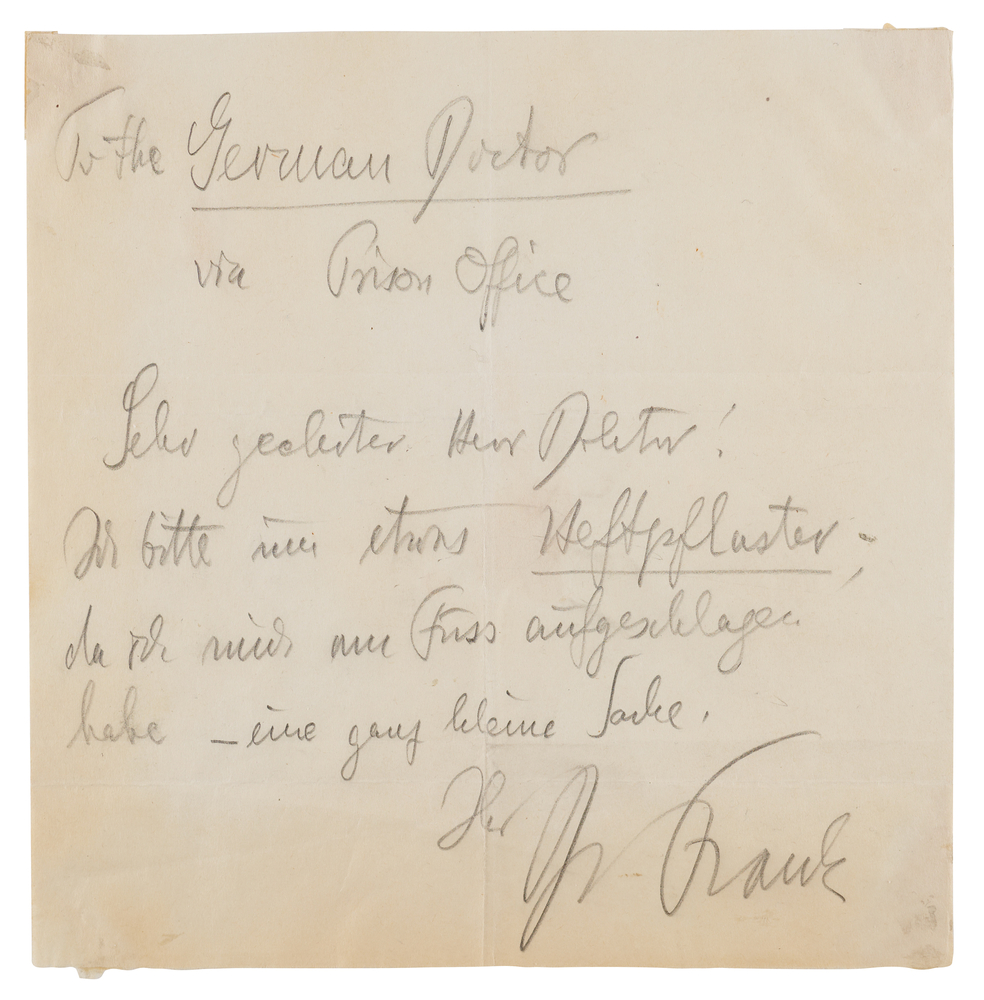 Lot 7140 Hans Frank Autograph Letter Signed from Nuremberg Prison (1945), Requesting Treatment for a Bleeding Foot