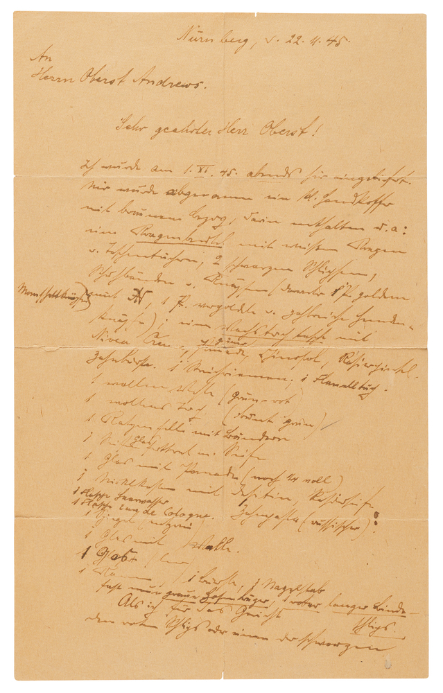 Lot 7192 Erich Raeder Autograph Letter Signed from Nuremberg (1945), Requesting an Investigation into Missing Personal Belongings