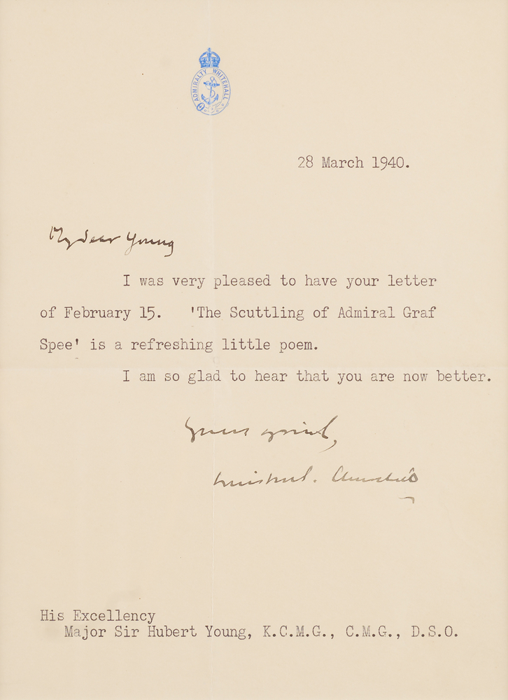 Lot 7005 Winston Churchill War-Dated Typed Letter Signed, Praising a Calypso Song Celebrating the 'Scuttling of Admiral Graf Spee'