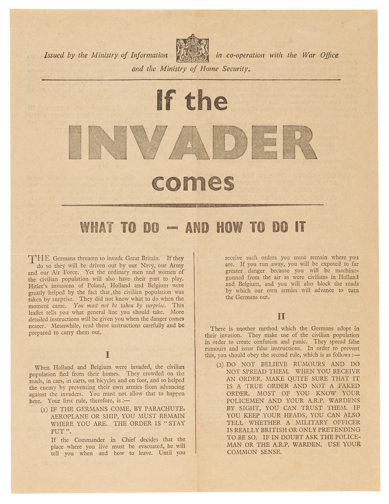 Lot 7020 Winston Churchill Lot of (9) Items, Featuring the 1940 ‘If the Invader Comes’ Leaflet and ‘Dunkirk to Berlin’ Poster Map